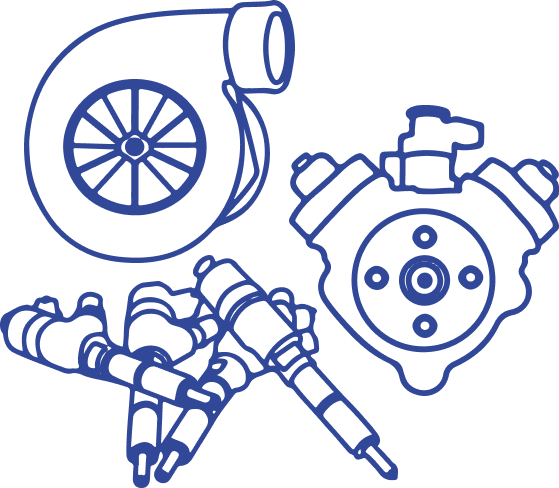 Rysunek przedstawia turbosprężarkę, pompę CR i wtryskiwacze do silników diesla.