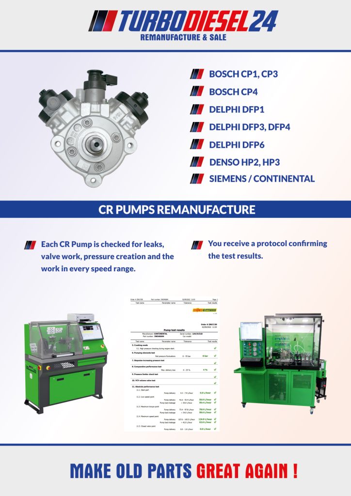 Turbodiesel24 information brochure repair of Bosch, Delphi, Denso and Siemens CR pumps.