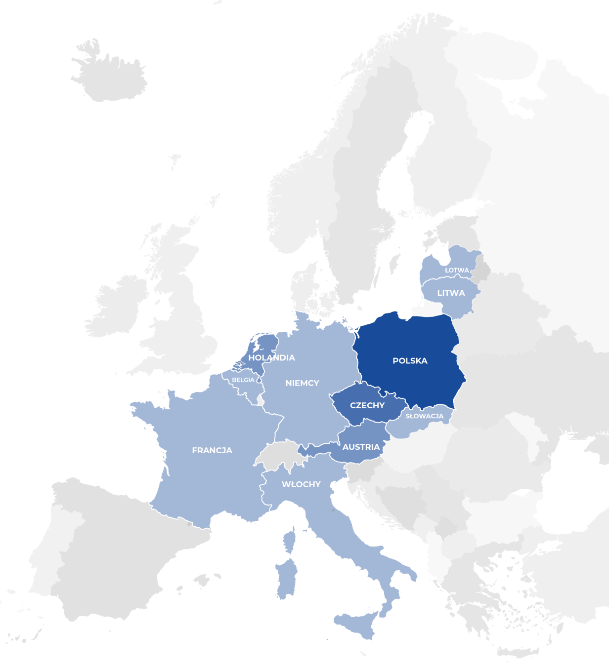 Mapa Europy, przedstawia państwa w jakich świadczymy usługi regeneracji części do silników diesla.
